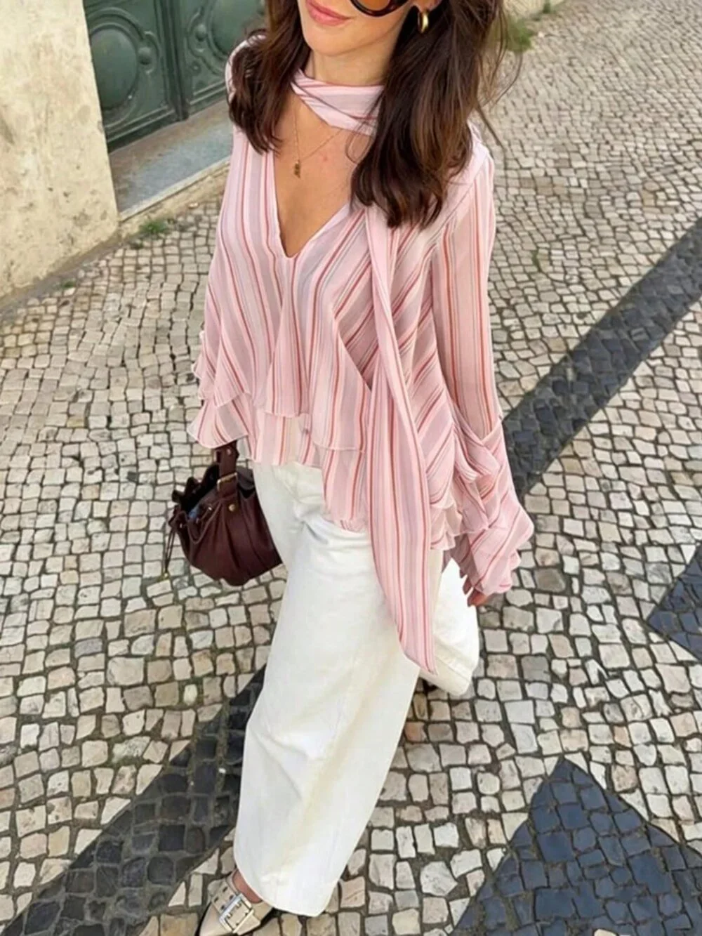 Baby Pink Casual Women's Striped Chiffon Blouse with Ruffle Trim